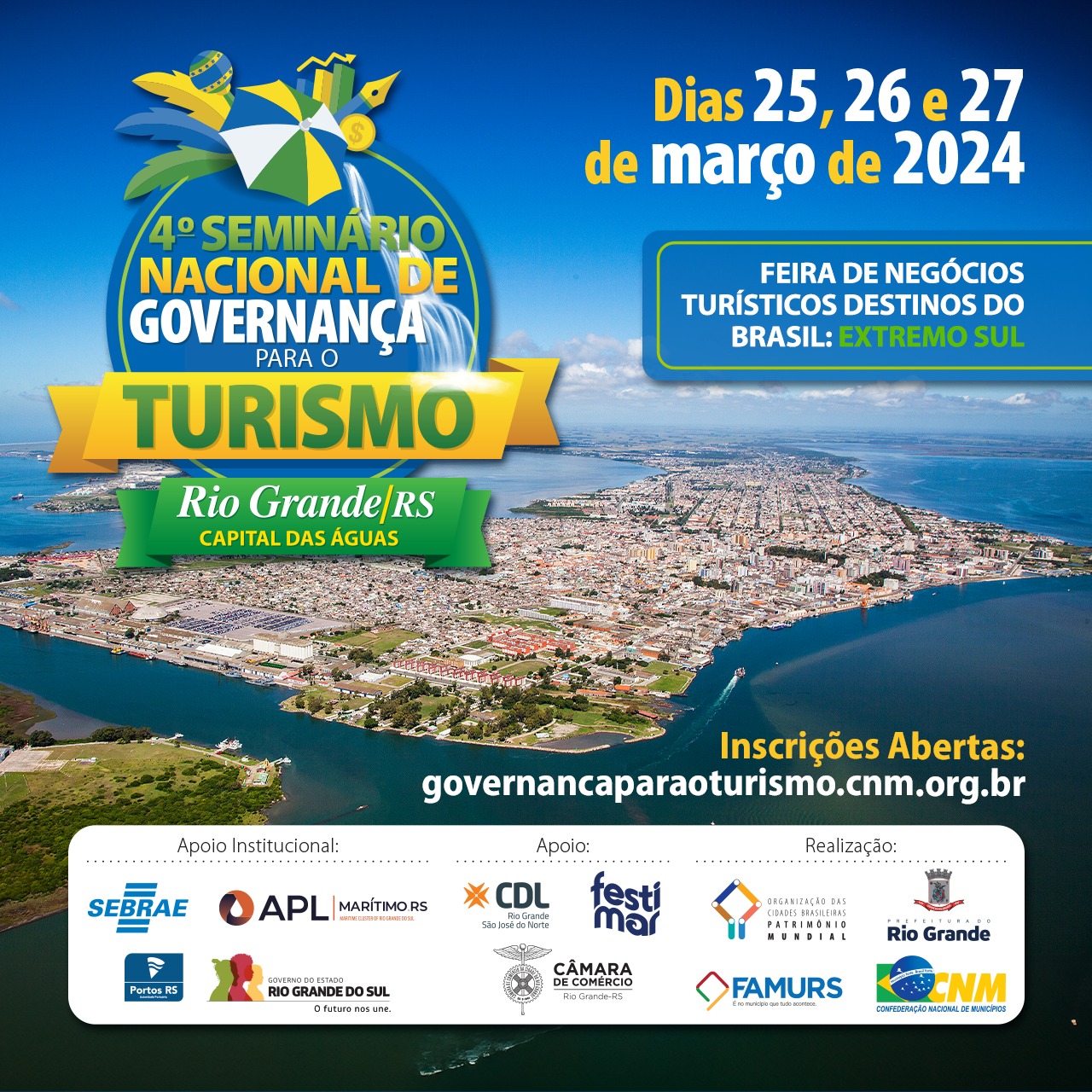 Inscrições abertas para o 4º Seminário Nacional de Governança para o Turismo e Feira de Negócios Turísticos em Rio Grande (RS)